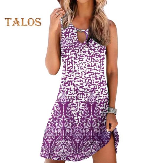 Damen Boho Ärmelloses Mini-Kleid Rundhalsausschnitt Bedrucktes Kurzes Tankkleid Sommer Lässig Strand Swing Sonnenkleid