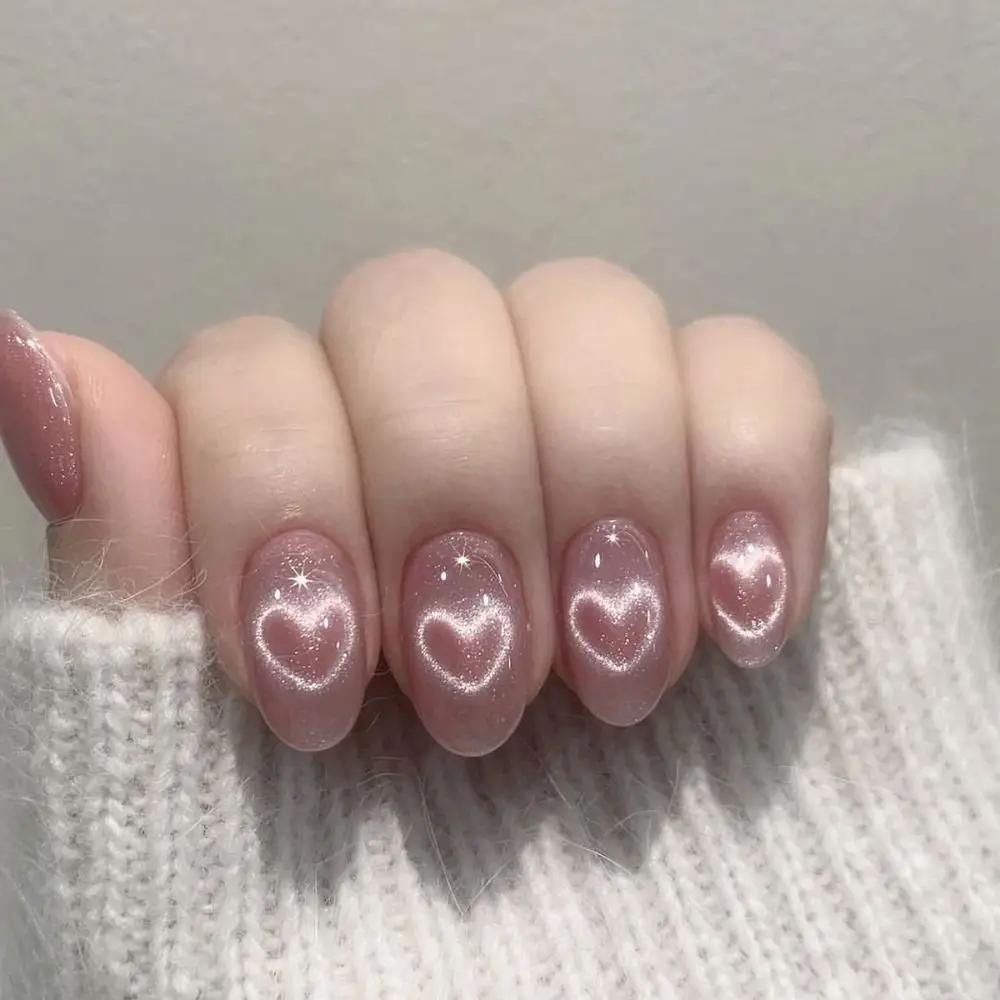 24Pcs Sweet Pink Almond Fake Nails Stiletto Pink Bowknot French Cute Pearl Bows Fake Nails Girls Women Wearable Manicure