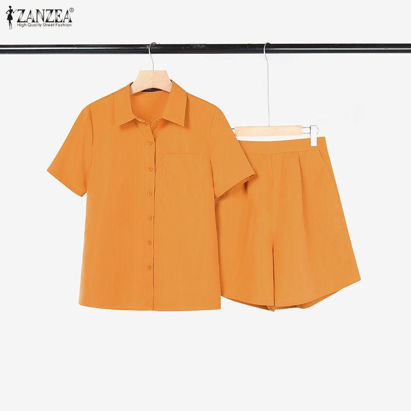 ZANZEA Damen Kurzarmbluse und Shorts Sommer Zweiteiliges Anzug-Set