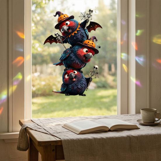 Static Glass Sticker, Traceless Reusable Window Decal, Halloween Bird Shapes Wizard Hat Crow Colorful Parrot Skull Spider Web Window