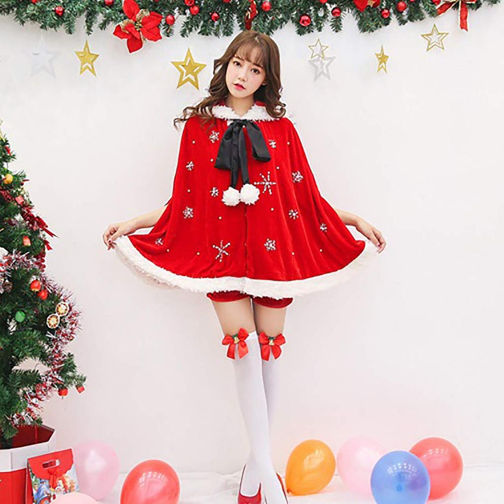 Milky Time 4-Piece Santa Costume Set with Hooded Poncho, Snowflake Print