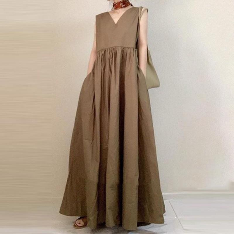 Elegant V-Neck Sleeveless Midi Dress With Pleated Skirt High Waist Cotton Linen Blend Women Office Chic