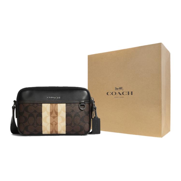 Coach Graham 25 Classic Monogram Striped Color Block Zipper Camera Bag Men Shoulder Bag Black Dark-Brown C9965-QBMAA