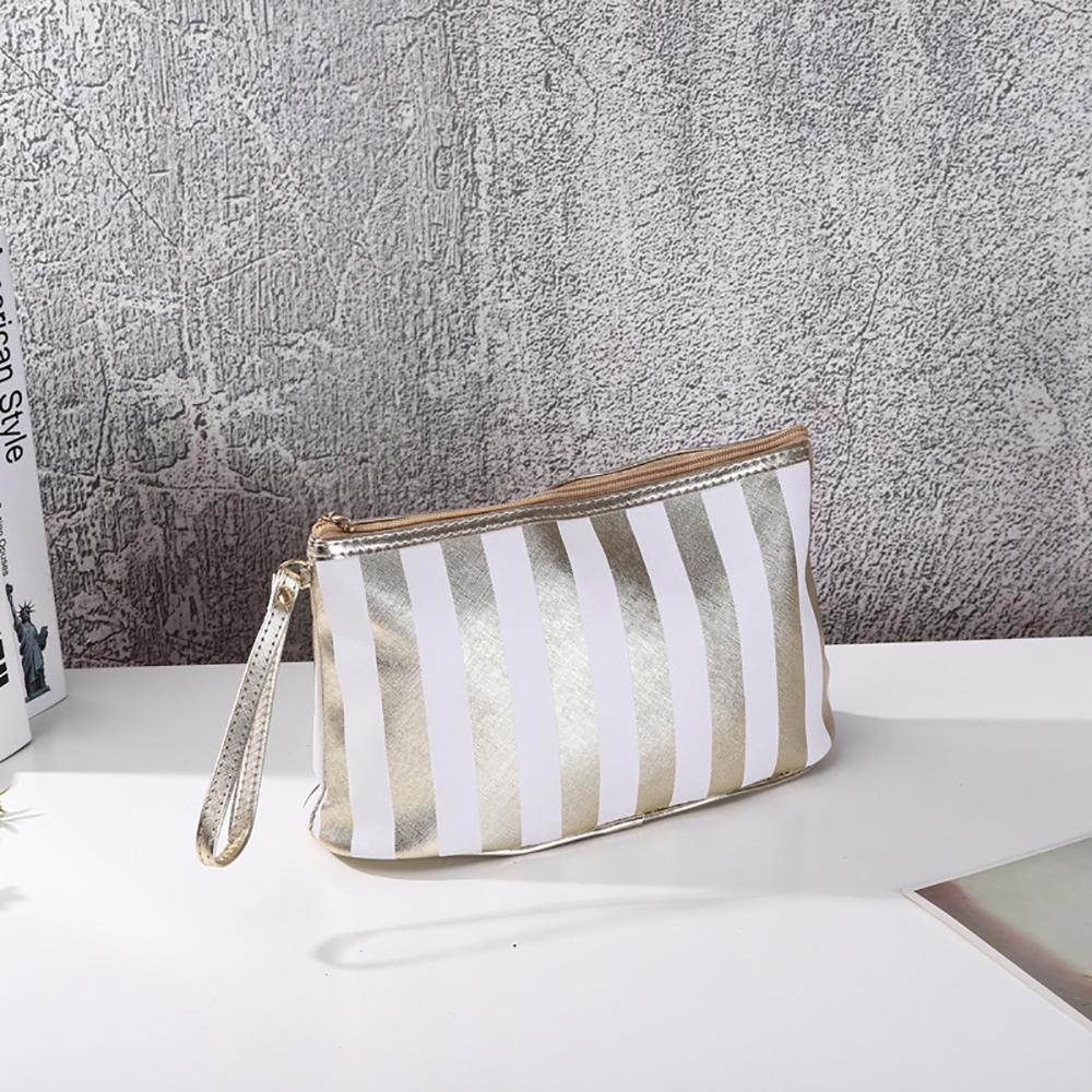 Portable Striped Makeup Bag Small Size Gold Edge Handbag Mini Soft Travel Outdoor Cosmetic Storage Bags Women's Bag