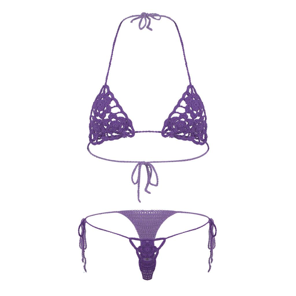 Damen Blumig Handgehäkelt Häkeln Dessous Bikini Set Ausgeschnitten Zweiteilig Badeanzug
