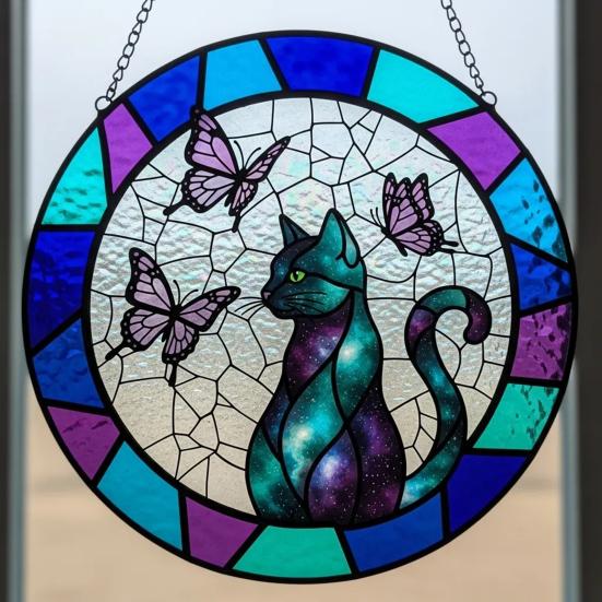 Katt Sommerfugl Solfanger Hengepynt Innendørs Utendørs Hjem Hage Vegg Vindu Henger Farget Glass Akryl Ornament Anheng Kjæledyrelskere Gaver