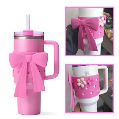 Water Cup Boot Sleeve Cup Decoration Kit for Stanley Cpu, Silicone Water Bottle Cover with Bow Decoration Carrying Handle Strap