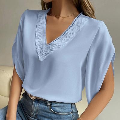 Spring and Summer Women's V-neck Lace Solid Color Shirt Casual and Comfortable Short-sleeved Shirt