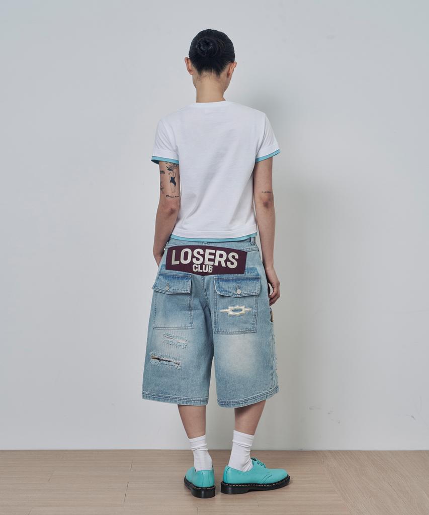 Lujeoseukeulleob Distressed Patch Bermuda Denim Pants Light Blue