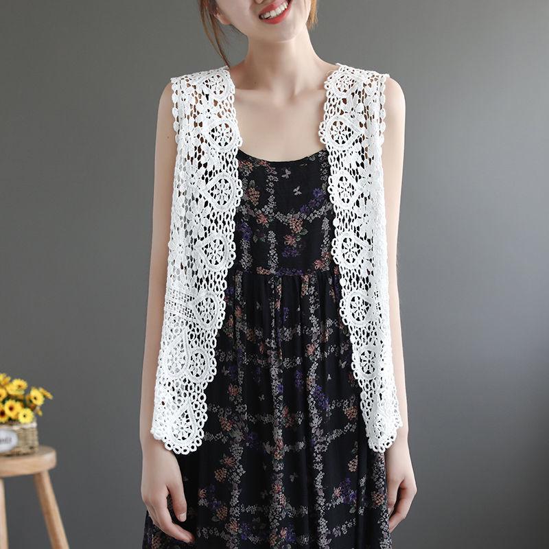 Summer Women Lace Vest Loose Cut-out Cardigan Vest Bohemian Style Cotton Woven Open Front Vest Thin Outwear