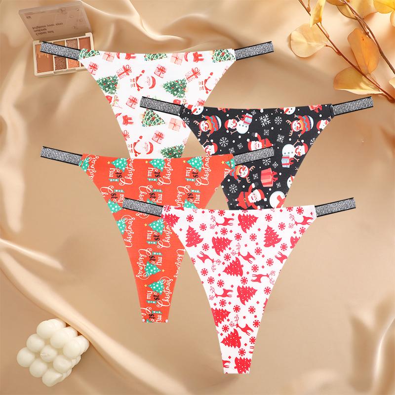 FINETOO 4Pcs Snowflake Santa Claus G-String Sexy Breathable Women's Underwear Low Waist Thong Merry Christmas Panties Diamonds