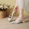 Square head shallow mouth Mary Jane high heels half bag head pearl rhinestone 2025 summer new with skirt thick heel sandals