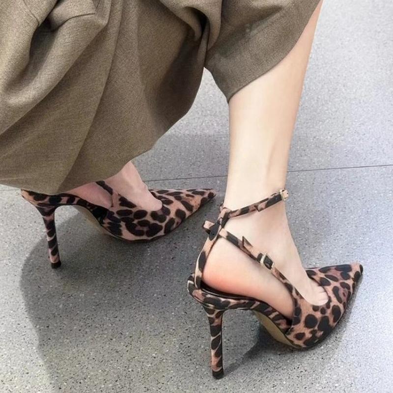 Luxury Summer Women Sandals Fashion Pointed Toe Singbacks Shoes Ladies Elegant Leopard Print High Heel Stripper Sandalias