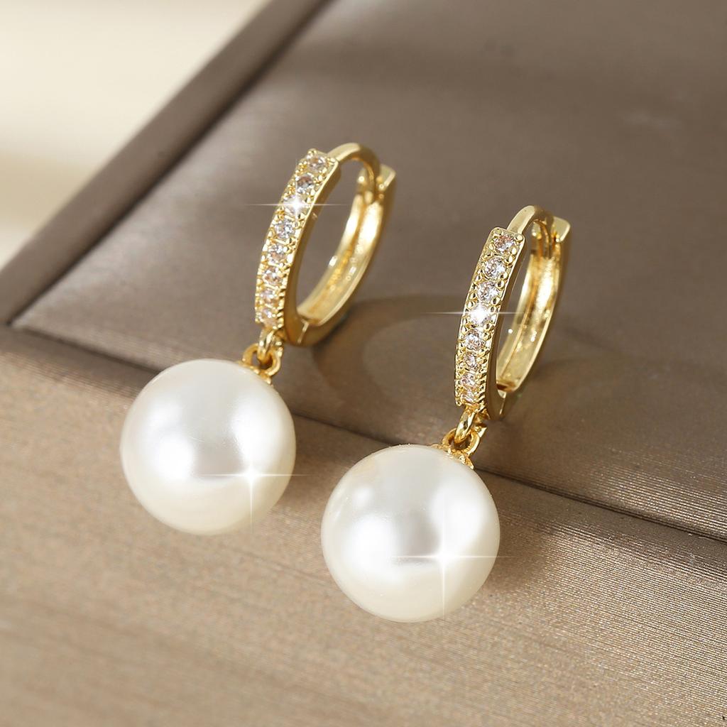 European and American Style Luxury Copper Inlaid Zirconium Pearl Pendant Earrings Retro Elegant Women's Earrings