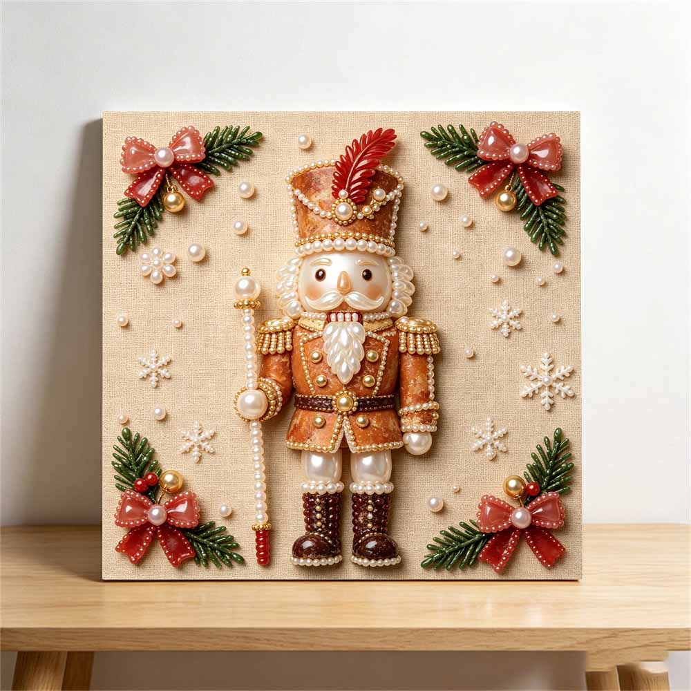 Framed Pearl Art DIY Kit with Christmas Nutcracker Pattern 3D Sparkling Bead Canvas Painting Handmade Gift for Home Decoration Wall Art Craft