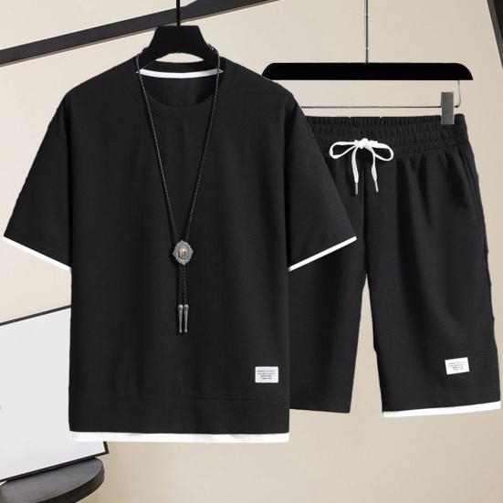 2 Pcs/Set Men Summer Tracksuit Set Casual Loose Solid Color Short Sleeves Elastic Waist Sports Drawstring Workout T-shirt Shorts Set Male Clothes