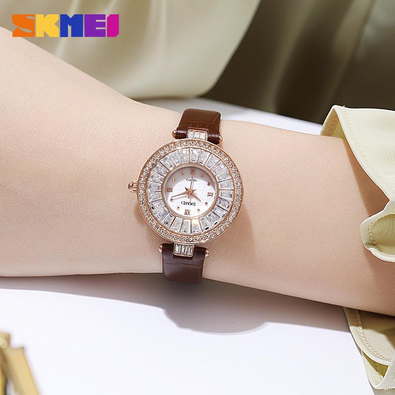 SKMEI 2009 Grace Brown Lady New Design Quartz Watch Costume Leather Band Elegance Diamond Vintage Casual Hand Watch