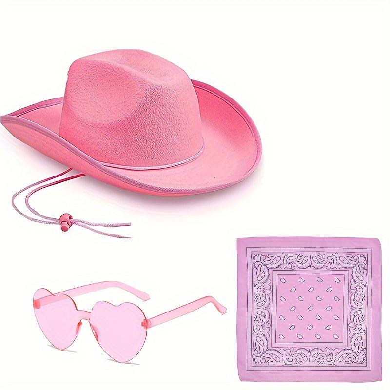 Pink Cowboy Hat, Black & White Scarf, Denim Hat Three-Piece Set