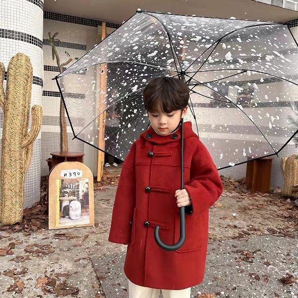 

Детская красная шерстяная куртка с капюшоном - Стильное корейское пальто средней длины с хлопковой подкладкой для осени и зимы 90 красный