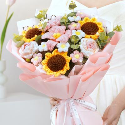 Teachers' Day Gift Bouquet Cross-border Finished Product Hand-knitted Wool Large Opening Tulip Simulation Flower Wholesale