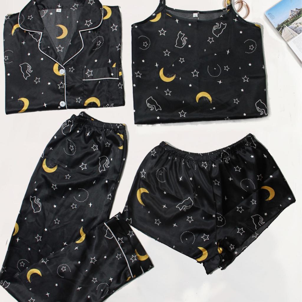 European and American Style Women's Home Wear 4-piece Camisole Shorts Long Sleeve Long Pants Pajamas Set Fashion Printed Loungewear