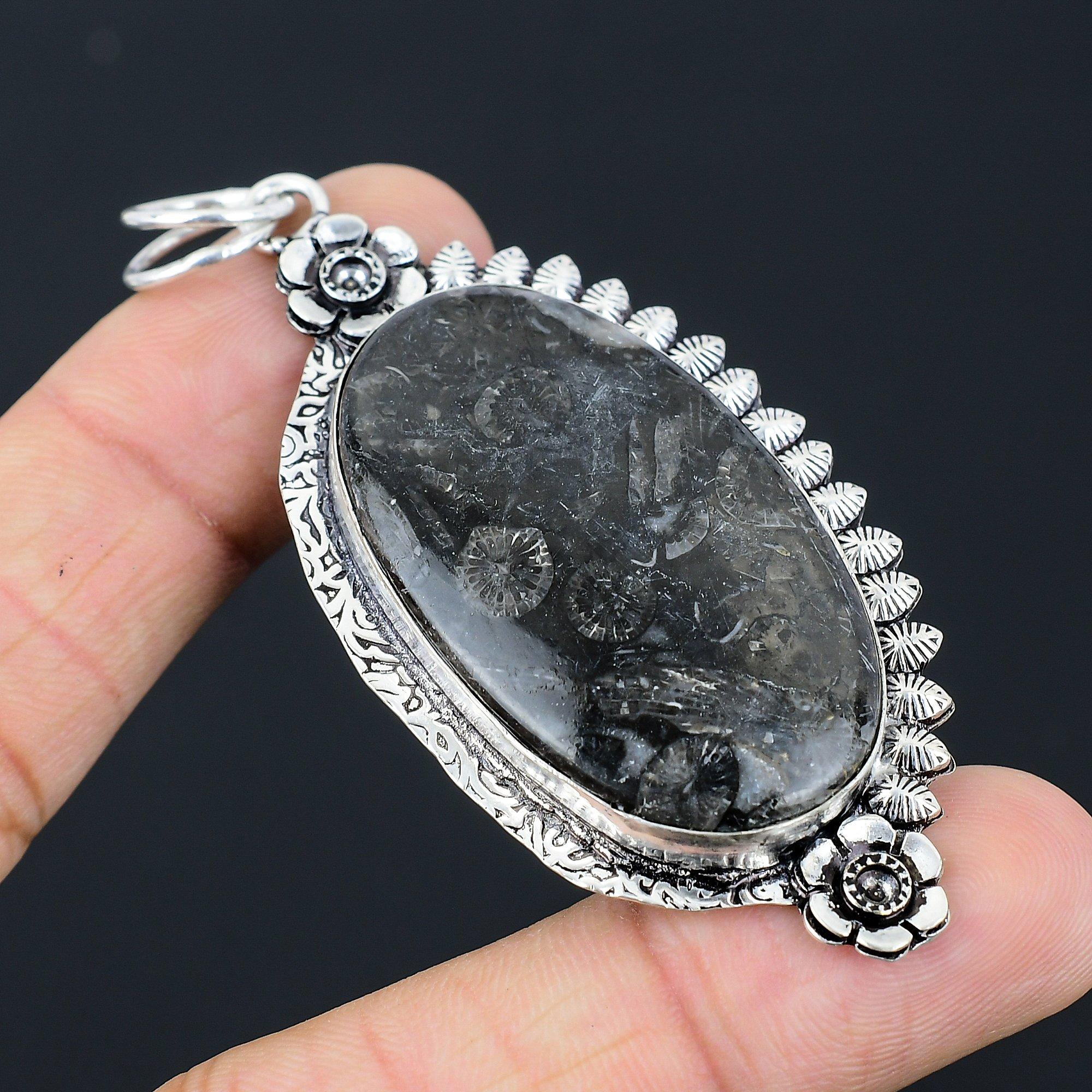 Daughters Day Sale Black Fossil Coral Stone 925 Sterling Silver Flower Pendant
