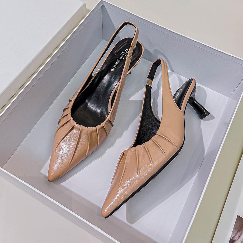 

2025 новые французские туфли-лодочки на высоком каблуке, тонкий каблук, сумка на носке, сандалии, женские летние туфли из мягкой кожи с плиссировкой, с мелким вырезом, пустые, одинарные туфли 40 абрикосовый