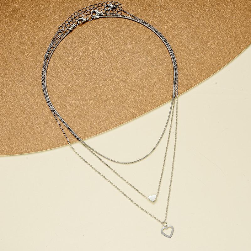 Silver Color Double Love Pendant Multi-layer Necklace For Women Three-piece Set Fashion Daily Accessory Jewelry Birthday Gifts