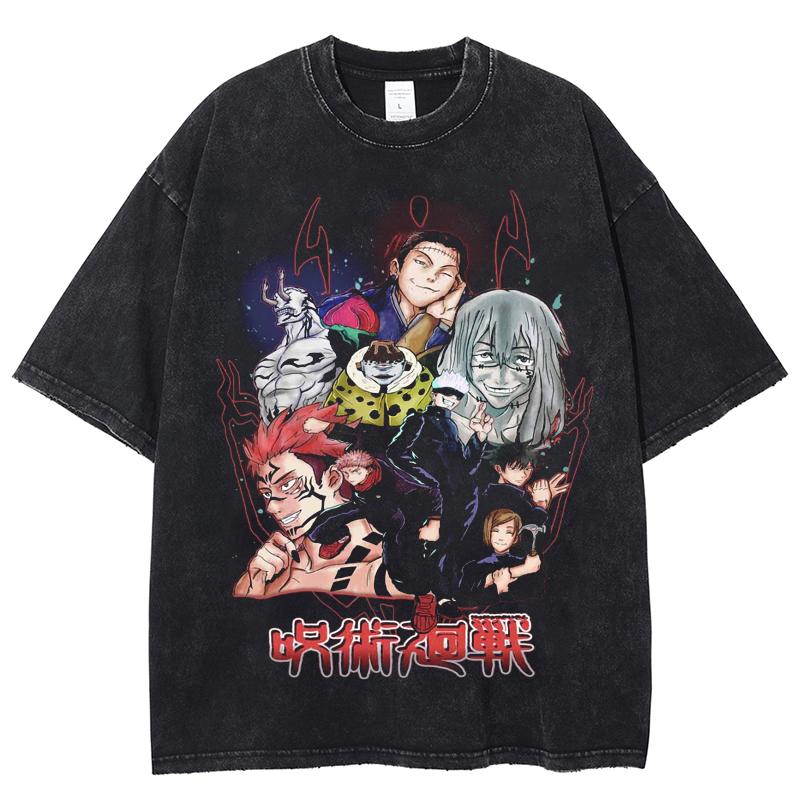 

Винтажная стираная футболка в стиле аниме Jujutsu Kaisen Graphics, футболка большого размера в стиле хип-хоп, Harajuku, уличная одежда, мужские и женские футболки, топы унисекс