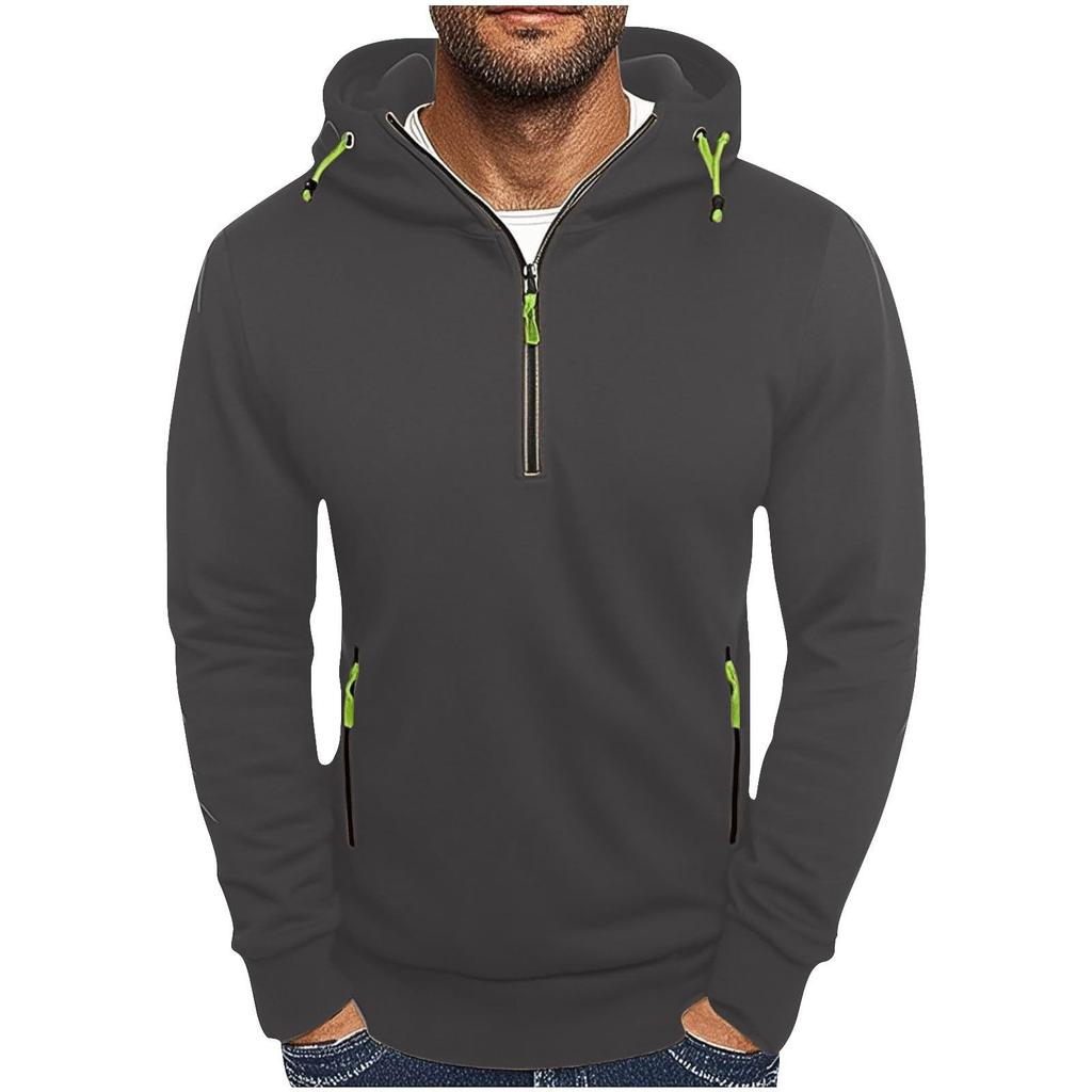 Men's Hooded Sweatshirt Casual Pullover Solid Color Half Zipper Simple Hooded Hoodie Man