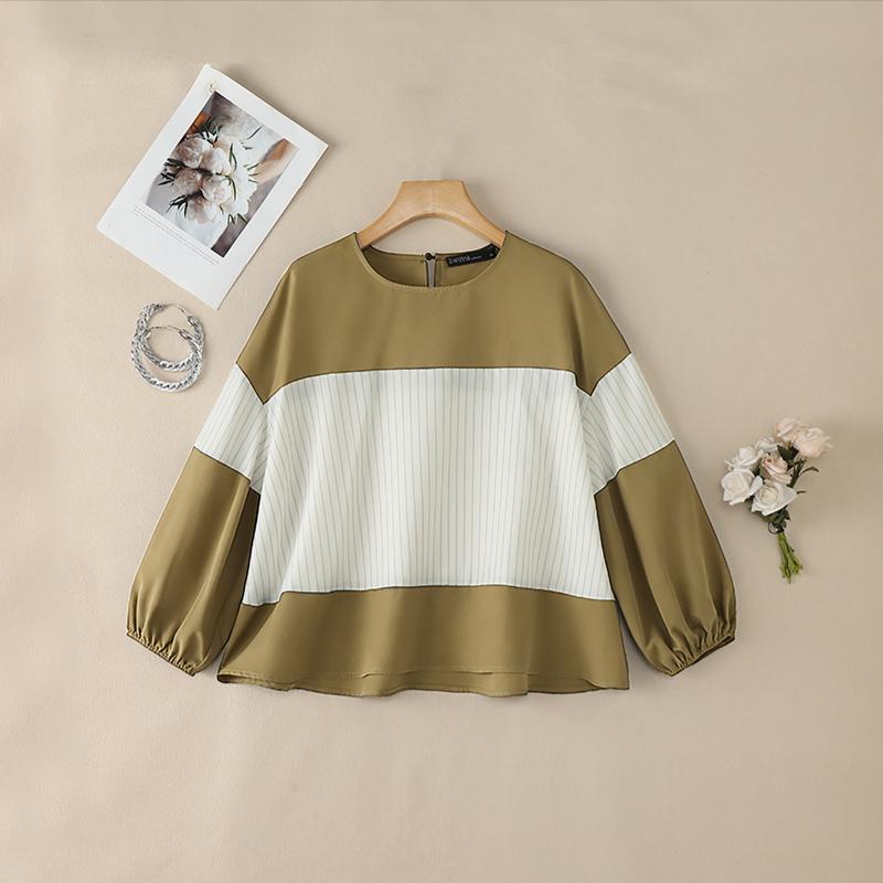 ZANZEA Women Casual Round Neck Loose Stripe Patchwork 3/4 Sleeve Blouse