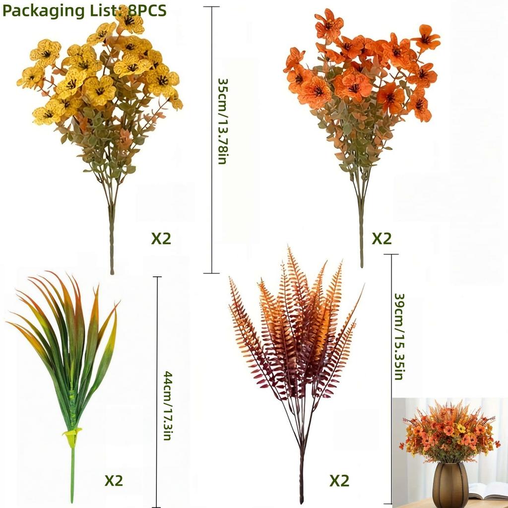 8 STK Kunstblumen - Orange, Gelb - Realistischer Kunststoff Herbstdeko für Thanksgiving, Halloween, Diwali & Feiern