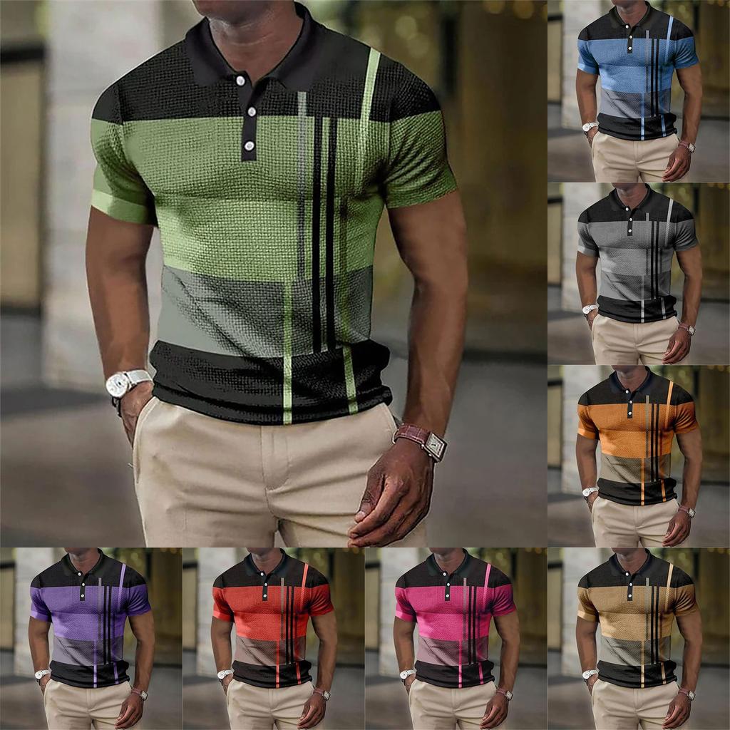 Men's Casual Striped Print Polo Shirt with Short Sleeves for Summer