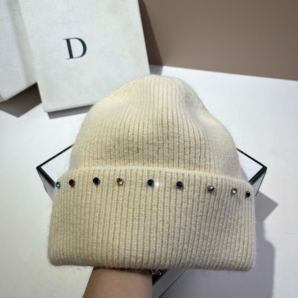 Russian Winter Warm Rabbit Hair Knitted Hat Celebrity Light Luxury Small Diamond Double Fold Wool Hat Women'S Outdoor Windproof