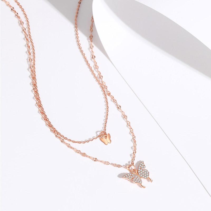 

S925 Sterling Silver Double Layer Butterfly Necklace for Women INS Small Fresh Shiny Zircon Clavicle Chain Jewelry Accessories