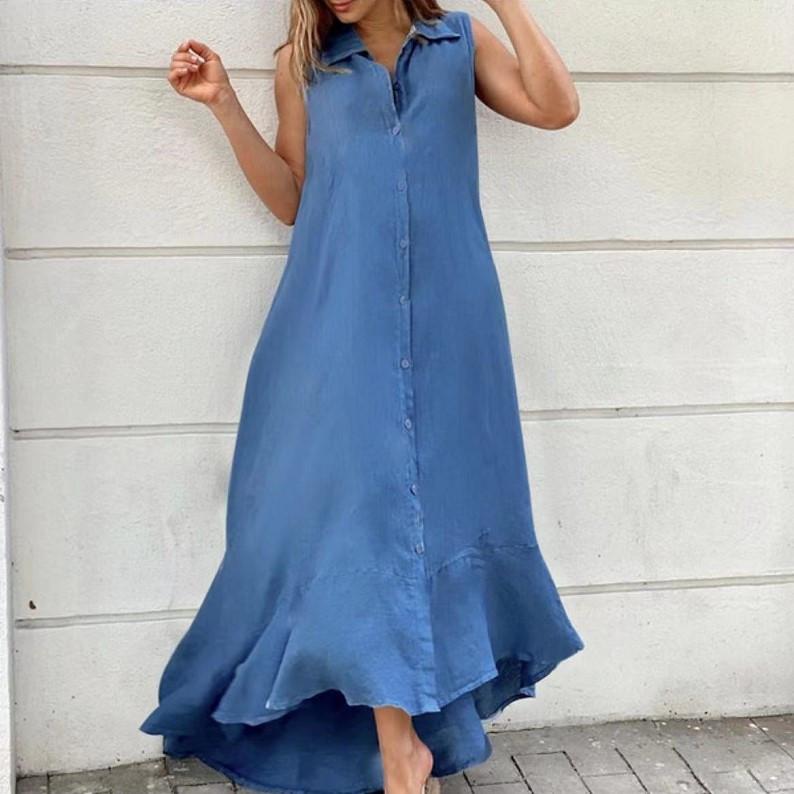 Collare Senza Maniche Cotone Lino Ampio Swing Abito Lungo per Abbigliamento da Donna Abiti Casual