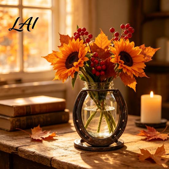 Creative Home Office Ornament Horseshoe Shaped Flower Vase Rustic Metal Frame with Decorative Glass Clear Jar Western Farmhouse Desktop Floral