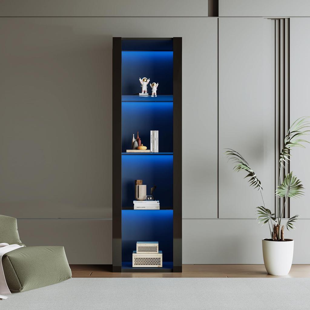 Display Cabinet Highboard 3 Glass Shelves, Modern Glass Display Cabinet, Black High Gloss Front, Free-Standing Display Cabinets, Living Room Office Kitchen, Open Storage, 55x38x166cm