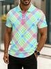 Men's Digital Print Polo Shirt, Men's Summer Macaron Plaid Polo Shirt with Colorful Diamond Check Lapel