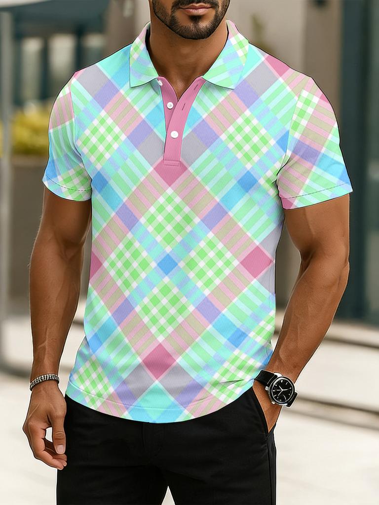 Men's Digital Print Polo Shirt, Men's Summer Macaron Plaid Polo Shirt with Colorful Diamond Check Lapel