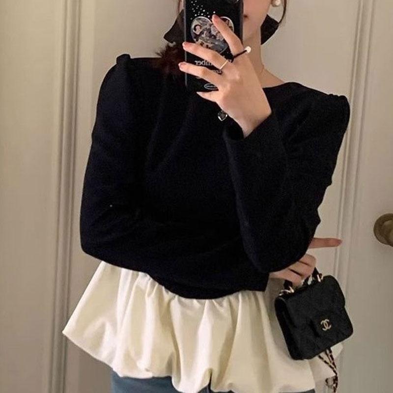 O-Neck Elegant Backless Blouse Women's Contrasting Colors Spliced Ruffles Spring Autumn Long Sleeve Waist Shirt