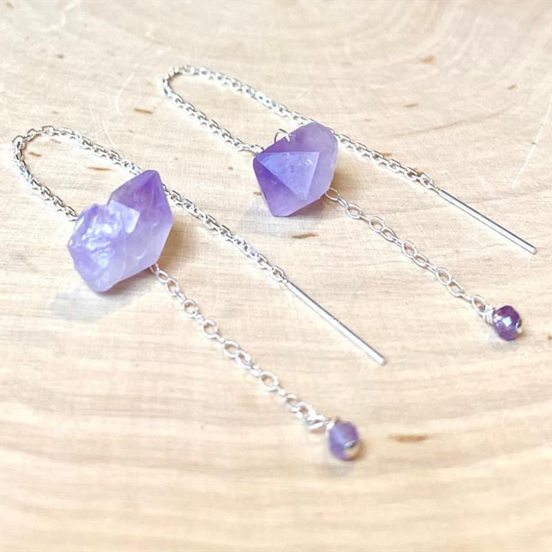 Bohemian Tassel Long Chain Earrings with Irregular Natural Amethyst Purple Amethyst Bud