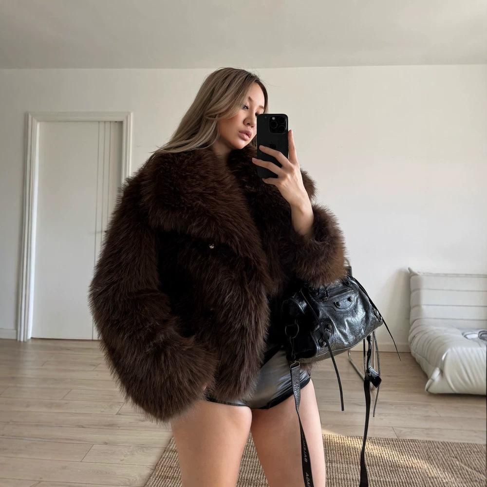 Fox fur coat women's large lapel short furry coat winter warm