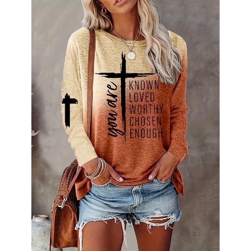 Cross Letter Printed Long Sleeved T-shirts for Women's Casual Multi-color Top