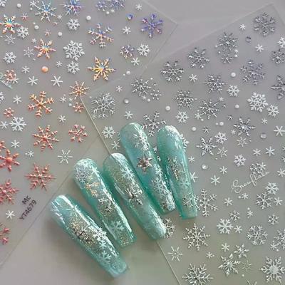 Cartoon Christmas Nail Art Sticker With Gold/Silver Snowflakes Iridescent Sparkle Manicure Decals DIY Nail Art Decoration