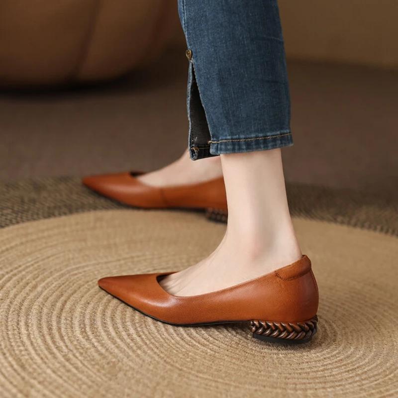 Fashion NEW Autumn/Spring Women Pumps Genuine Leather Shoes for Women Pointed Toe Low Heel Shoe Concise Slip-on Plus Size Handmade Shoes