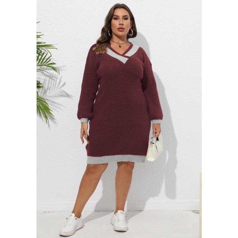 

Женское осенне-зимнее платье-свитер большого размера с V-образным вырезом, разноцветное сращивание, с запахом на бедрах 3XL бордовый