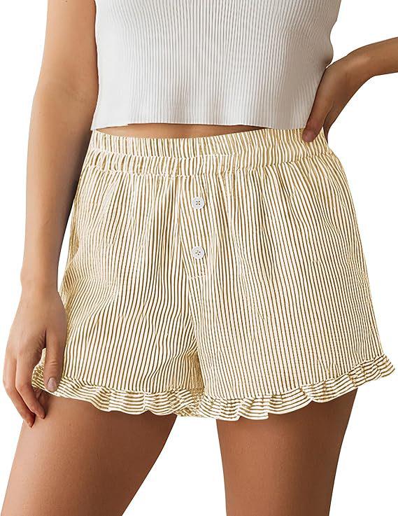 Women's Y2K Ruffle Striped Casual Shorts with Pockets - Spring/Summer Pajama Beachwear