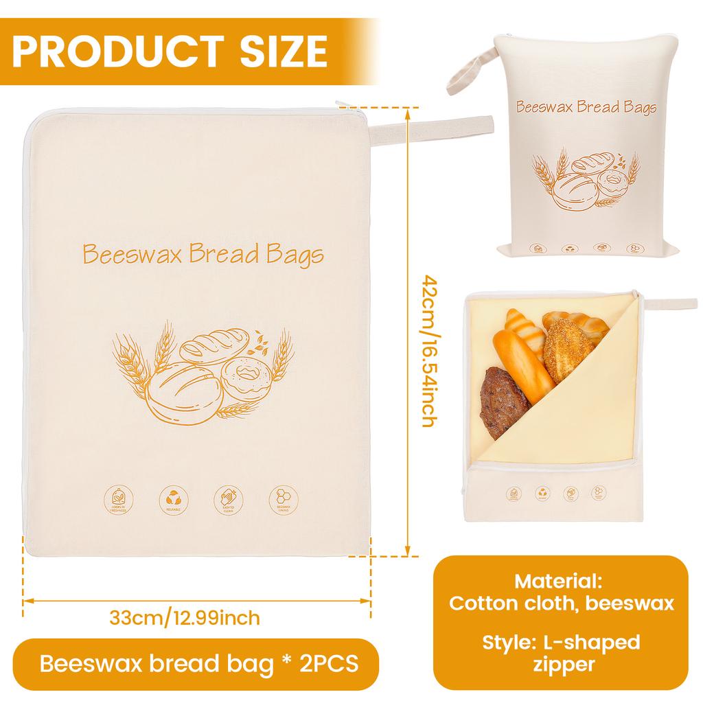 2Pcs Beeswax Bread Bag with L Shaped Zipper Large Capacity Food Storage Bag Cotton Fabric Reusable Kitchen Organizer