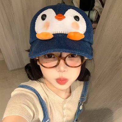 Peanut Q Cute Penguin Embroidered Soft Top Blue Denim Duckbill Baseball Cap